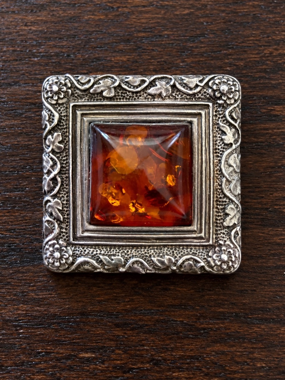 Gorgeous Vintage N. GAITARA 925 Sterling Silver & Square Baltic Amber Brooch
